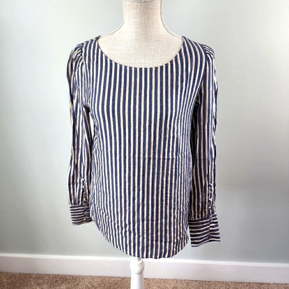 Express Women's Striped Long Sleeve Metallic Button Sleeve Top Size Small